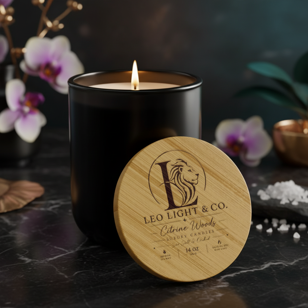 Citrine Woods Sea Salt & Orchid luxury soy candle by Leo Light & Co. with dramatic dark background