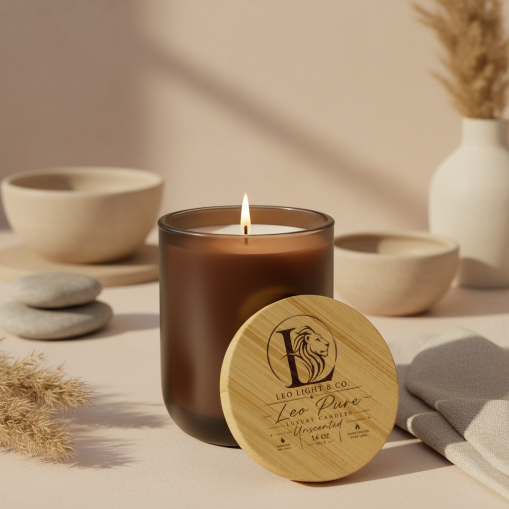 Leo Pure unscented luxury soy candle by Leo Light & Co. with natural earthy background