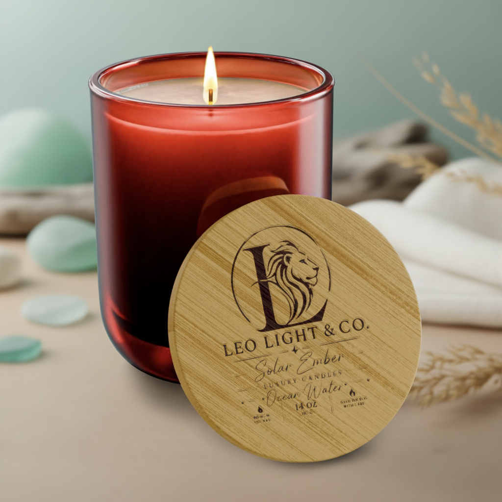 Solar Ember Ocean Water luxury soy candle by Leo Light & Co. with soft coastal inspired background