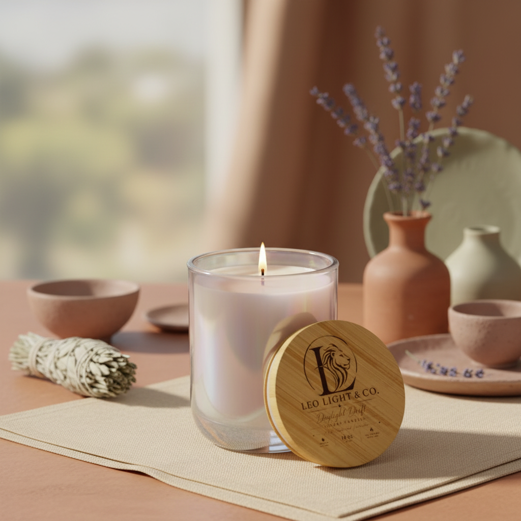 Daylight Drift White Sage & Lavender luxury soy candle by Leo Light & Co. with warm earthy botanical background