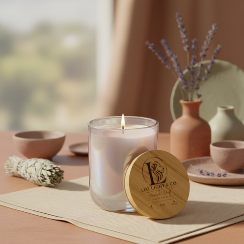 Daylight Drift White Sage & Lavender luxury soy candle by Leo Light & Co. with warm earthy botanical background