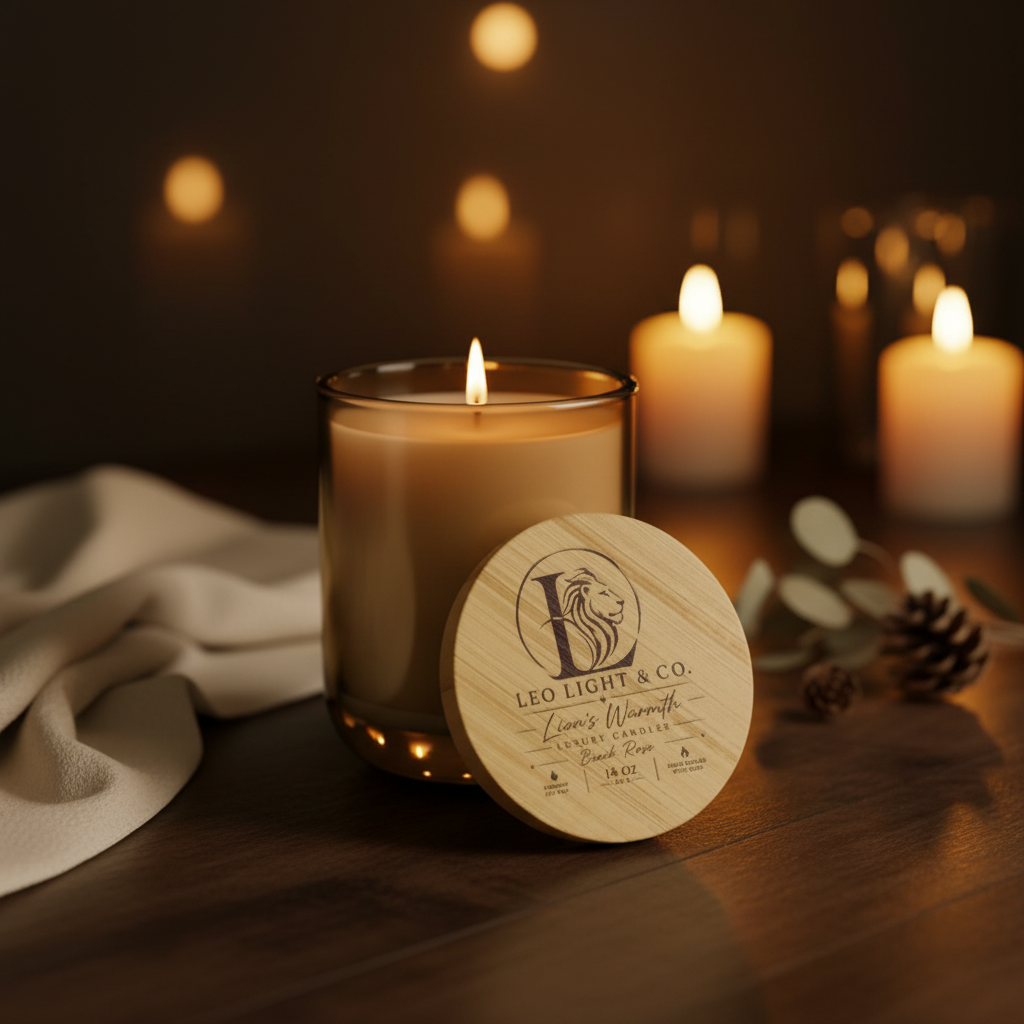 Lion's Warmth Beach Rose luxury soy candle by Leo Light & Co. with warm ambient background